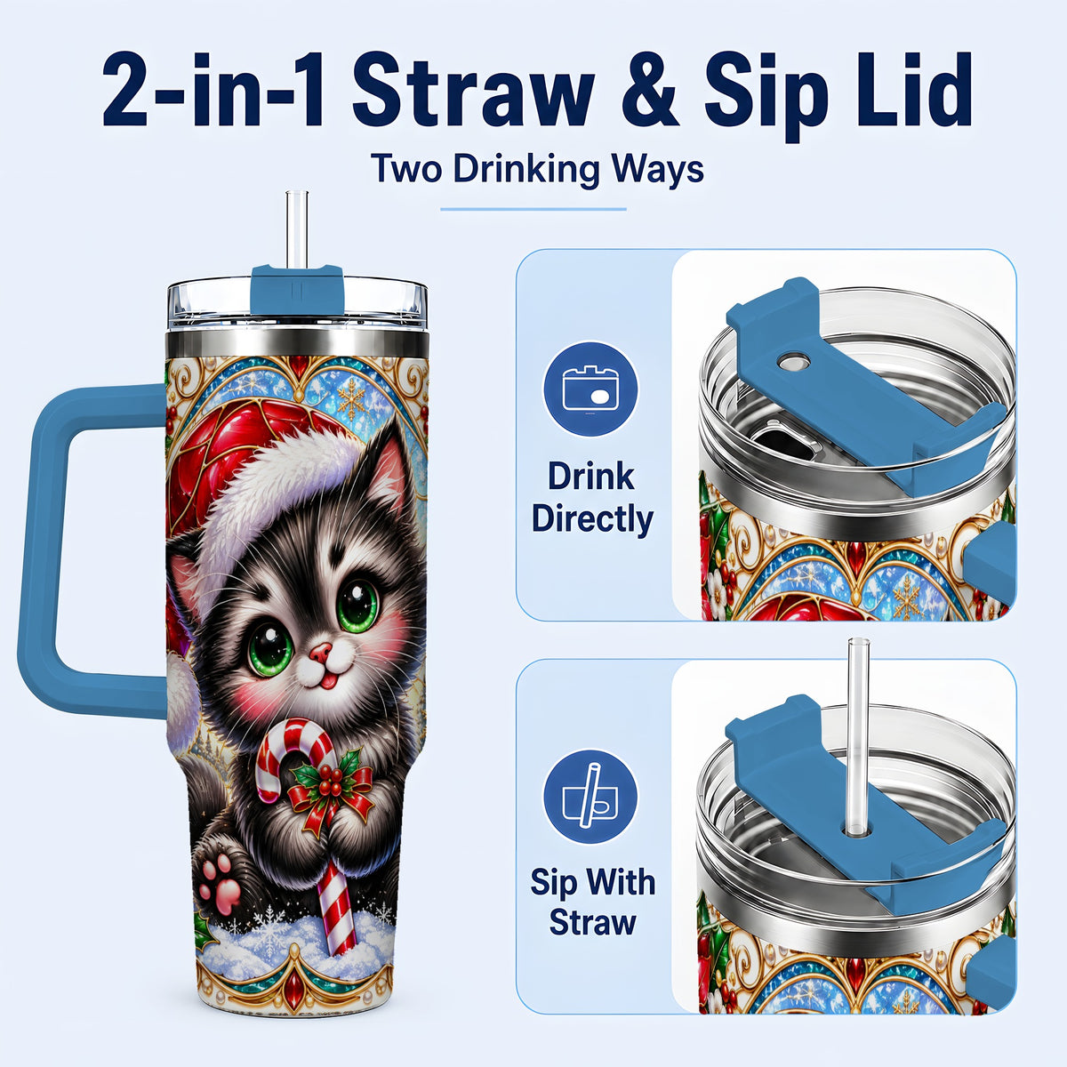 #pl[40oz|Blue] Christmas Kitten 40oz Tumbler with Handle, Candy Cane Travel Cup