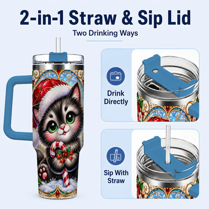 #pl[40oz|Blue] Christmas Kitten 40oz Tumbler with Handle, Candy Cane Travel Cup