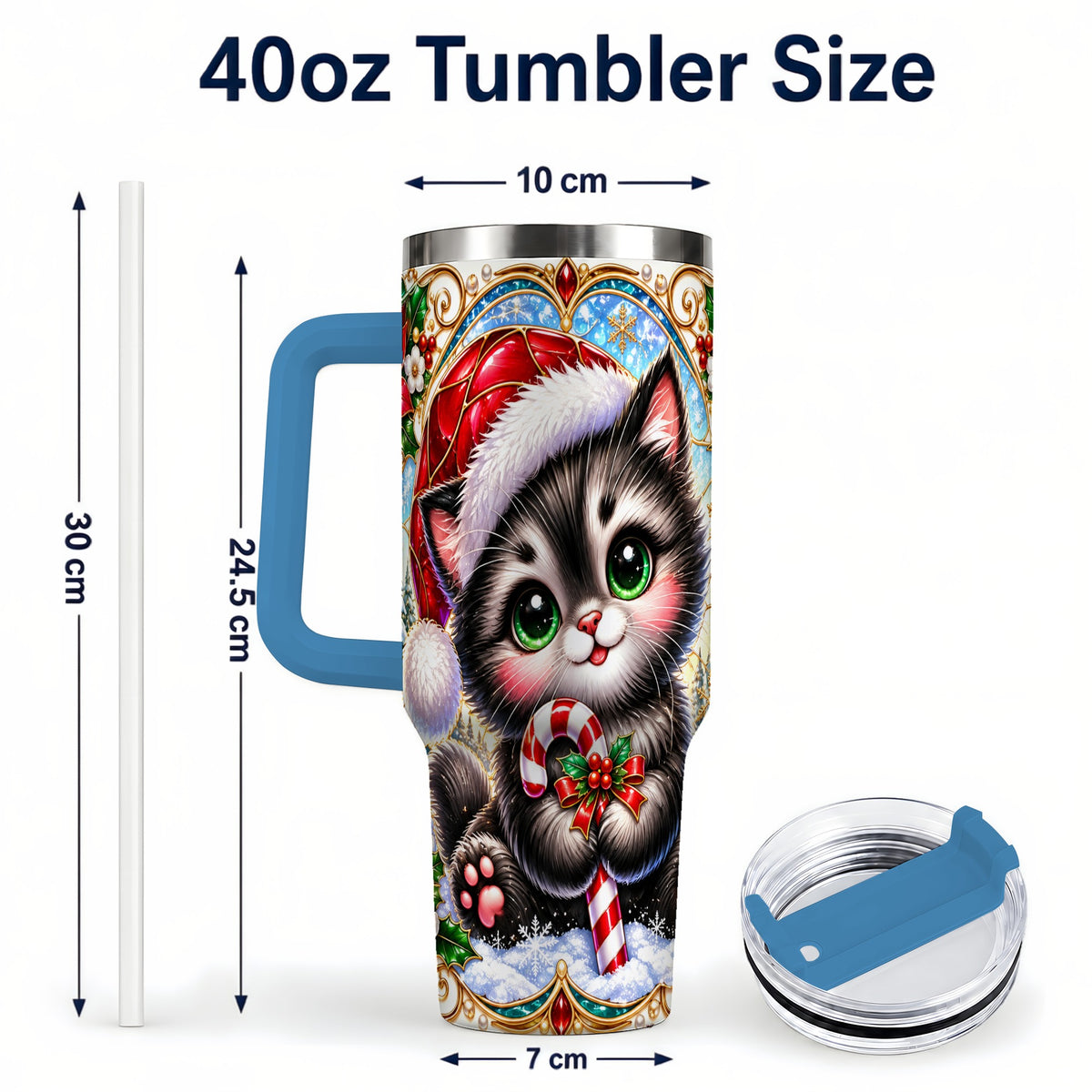#pl[40oz|Blue] Christmas Kitten 40oz Tumbler with Handle, Candy Cane Travel Cup