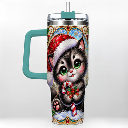 #pl[40oz|Green] Christmas Kitten 40oz Tumbler with Handle, Candy Cane Travel Cup