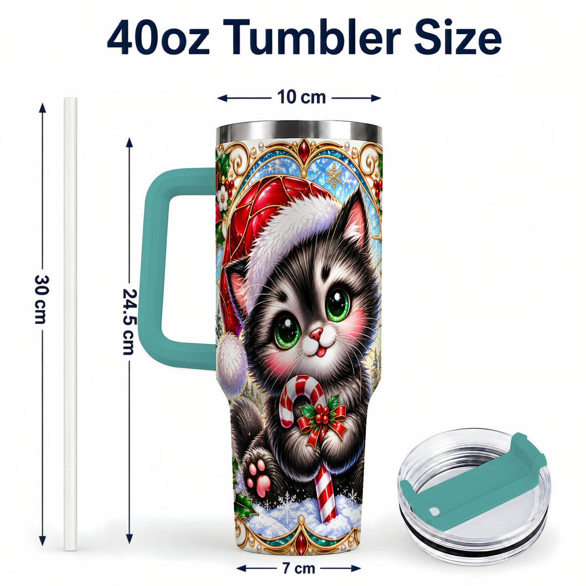 #pl[40oz|Green] Christmas Kitten 40oz Tumbler with Handle, Candy Cane Travel Cup