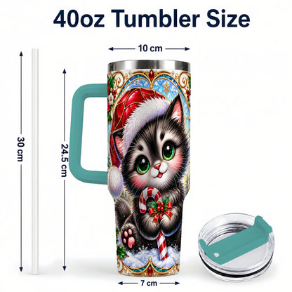 #pl[40oz|Green] Christmas Kitten 40oz Tumbler with Handle, Candy Cane Travel Cup