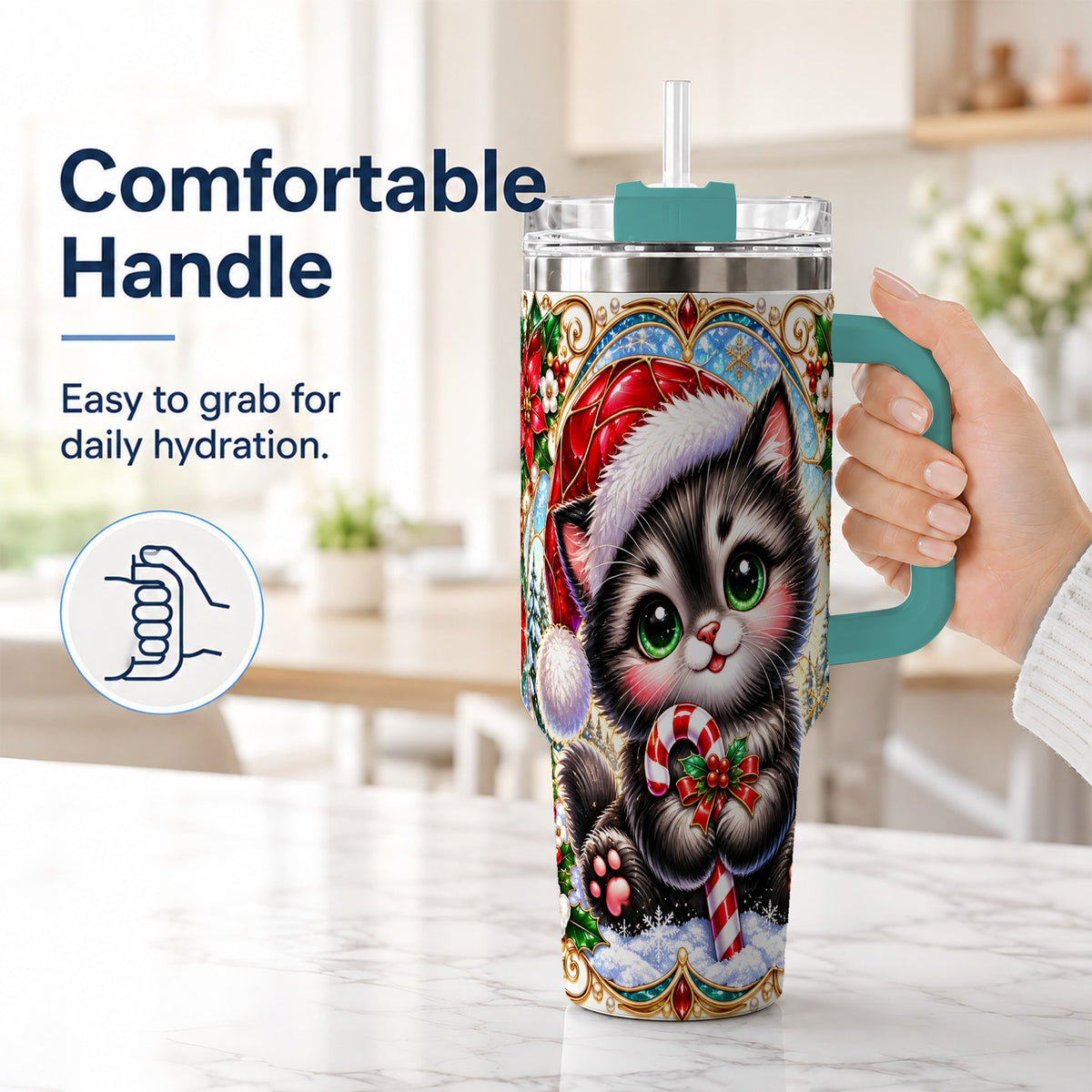 #pl[40oz|Green] Christmas Kitten 40oz Tumbler with Handle, Candy Cane Travel Cup