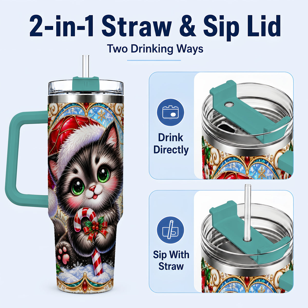 #pl[40oz|Green] Christmas Kitten 40oz Tumbler with Handle, Candy Cane Travel Cup