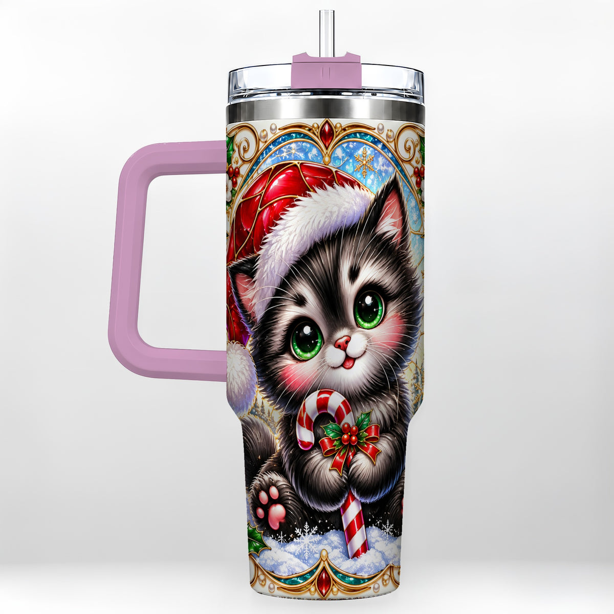 #pl[40oz|Pink] Christmas Kitten 40oz Tumbler with Handle, Candy Cane Travel Cup