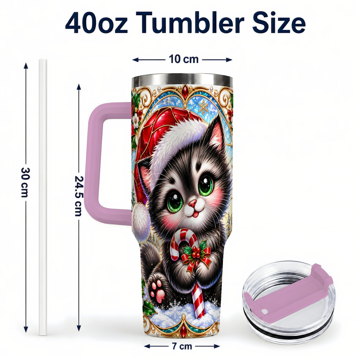 #pl[40oz|Pink] Christmas Kitten 40oz Tumbler with Handle, Candy Cane Travel Cup