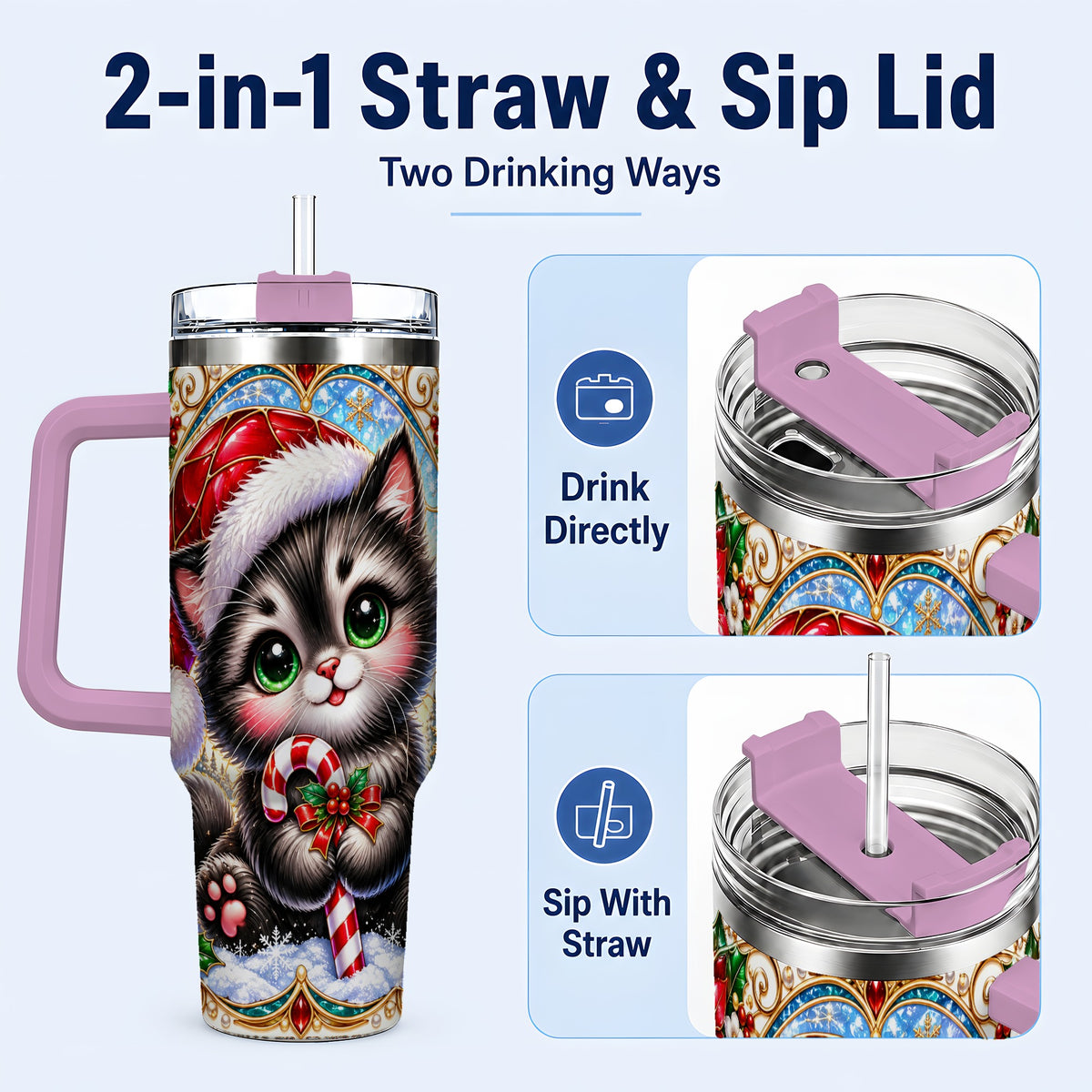 #pl[40oz|Pink] Christmas Kitten 40oz Tumbler with Handle, Candy Cane Travel Cup