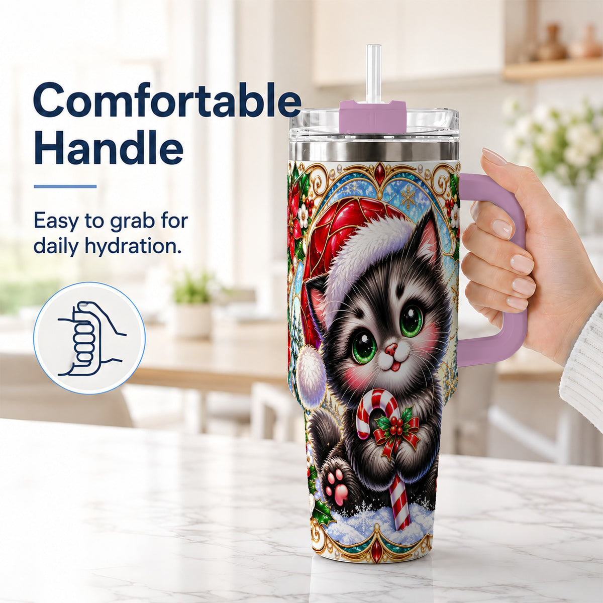 #pl[40oz|Pink] Christmas Kitten 40oz Tumbler with Handle, Candy Cane Travel Cup