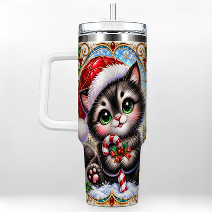 Christmas Kitten 40oz Tumbler with Handle, Candy Cane Travel Cup