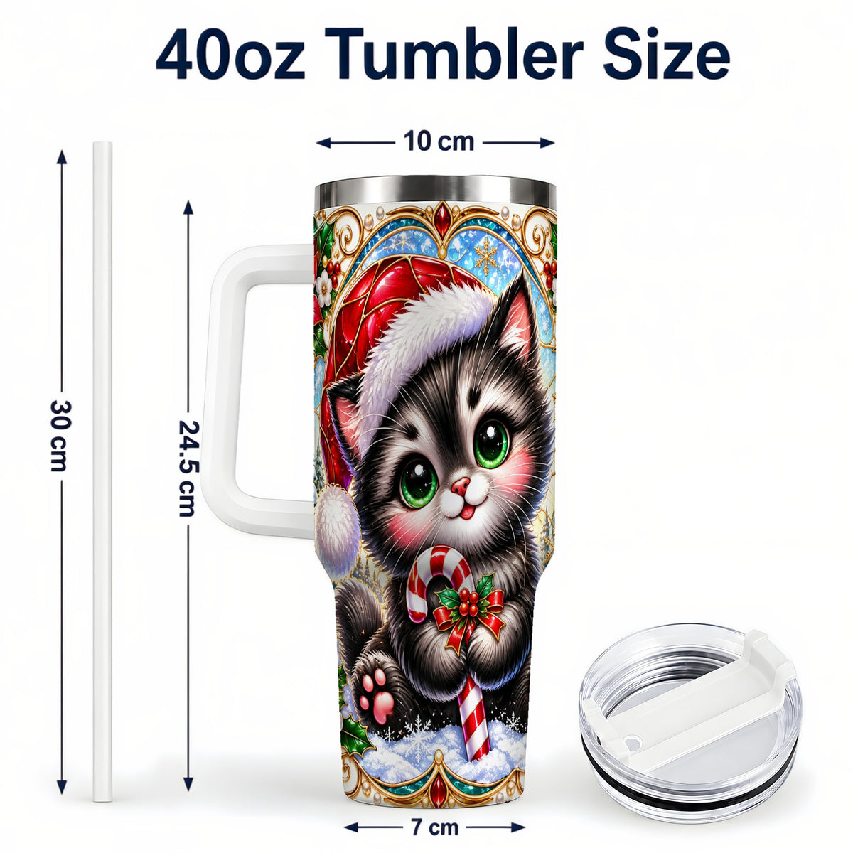 #pl[40oz|White] Christmas Kitten 40oz Tumbler with Handle, Candy Cane Travel Cup