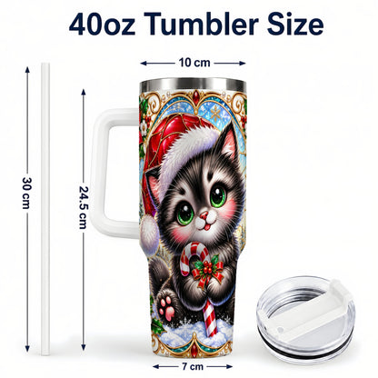 #pl[40oz|White] Christmas Kitten 40oz Tumbler with Handle, Candy Cane Travel Cup