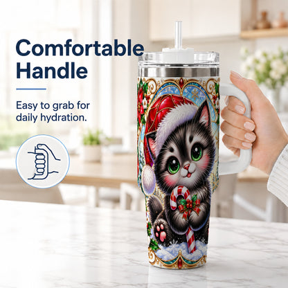 #pl[40oz|White] Christmas Kitten 40oz Tumbler with Handle, Candy Cane Travel Cup