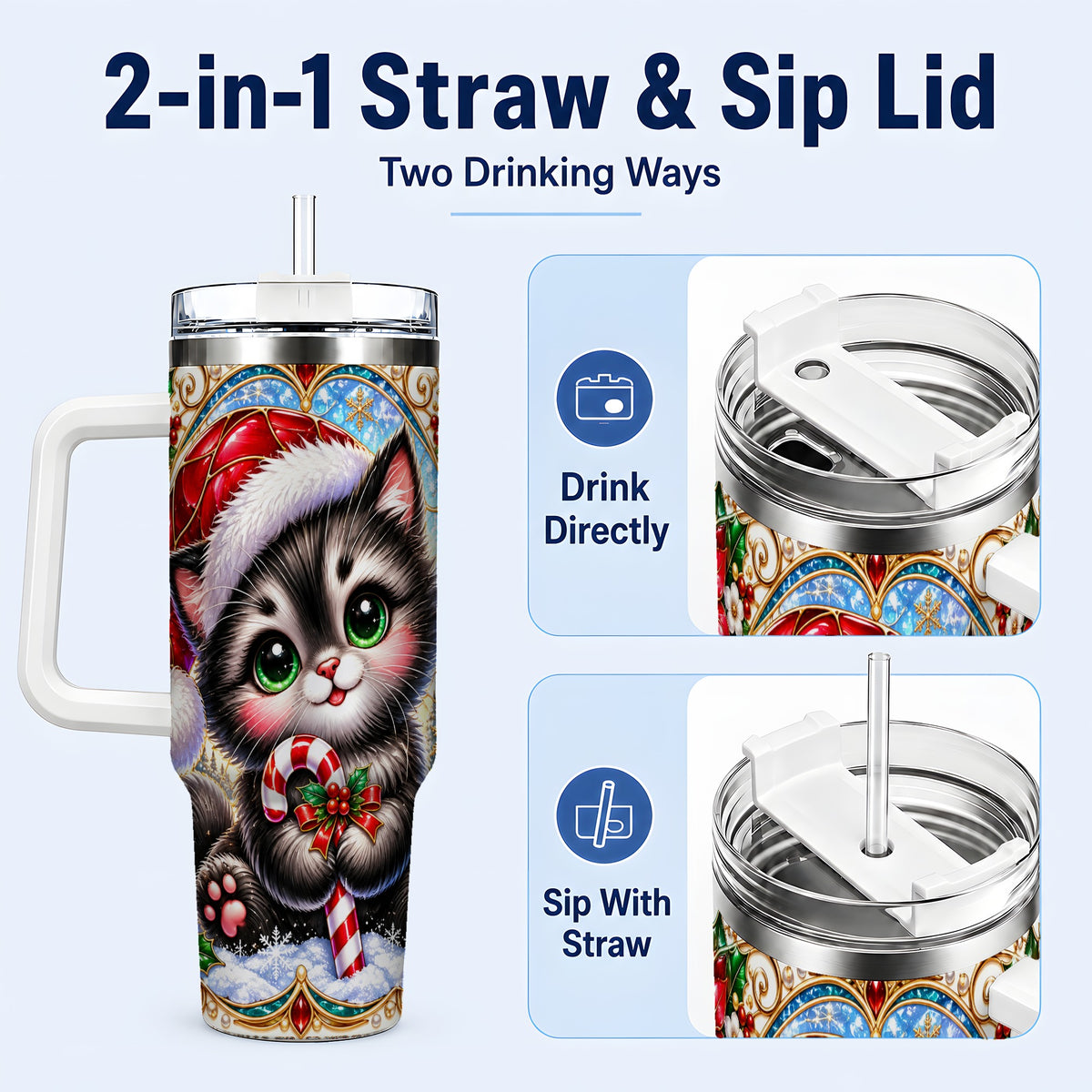 #pl[40oz|White] Christmas Kitten 40oz Tumbler with Handle, Candy Cane Travel Cup