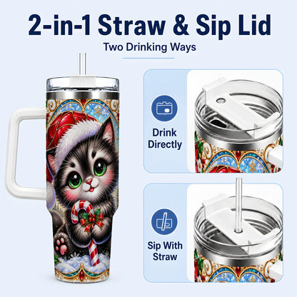 #pl[40oz|White] Christmas Kitten 40oz Tumbler with Handle, Candy Cane Travel Cup