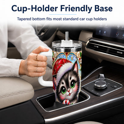 Christmas Kitten 40oz Tumbler with Handle, Candy Cane Travel Cup