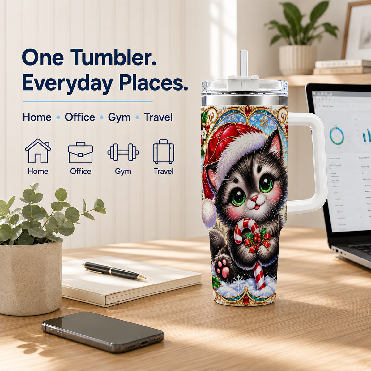 Christmas Kitten 40oz Tumbler with Handle, Candy Cane Travel Cup