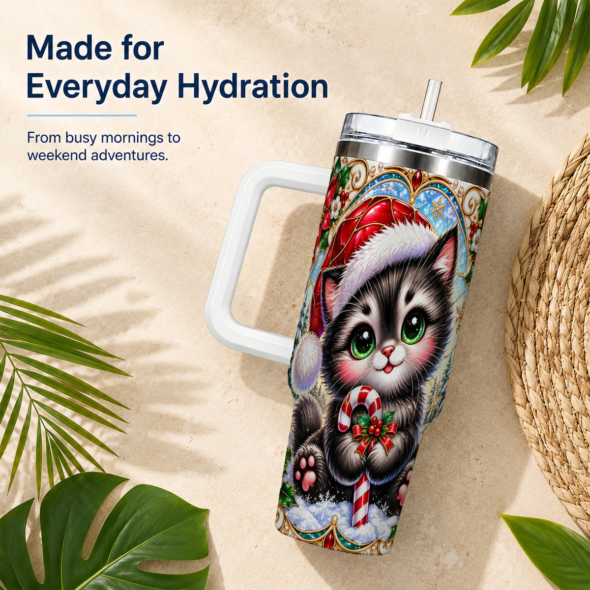 Christmas Kitten 40oz Tumbler with Handle, Candy Cane Travel Cup