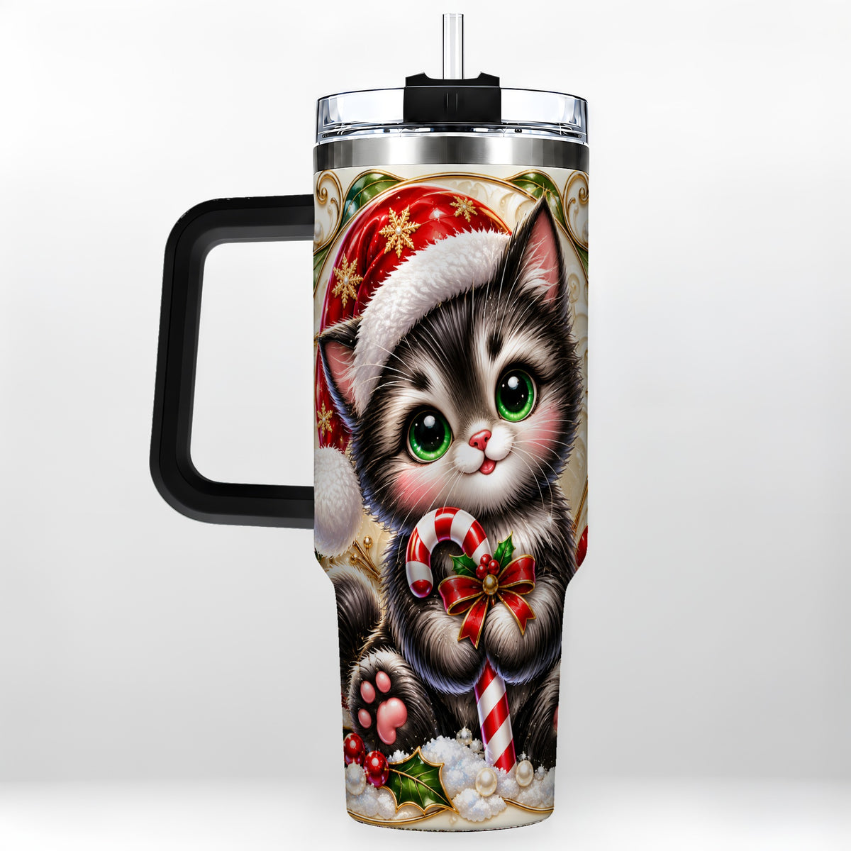 #pl[40oz|Black] Ornate Kitten 40oz Tumbler with Handle, Candy Cane Travel Cup