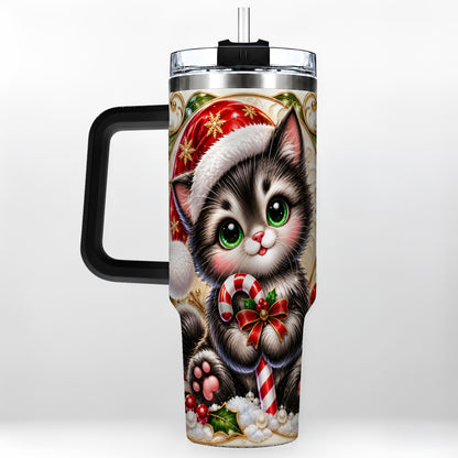 #pl[40oz|Black] Ornate Kitten 40oz Tumbler with Handle, Candy Cane Travel Cup