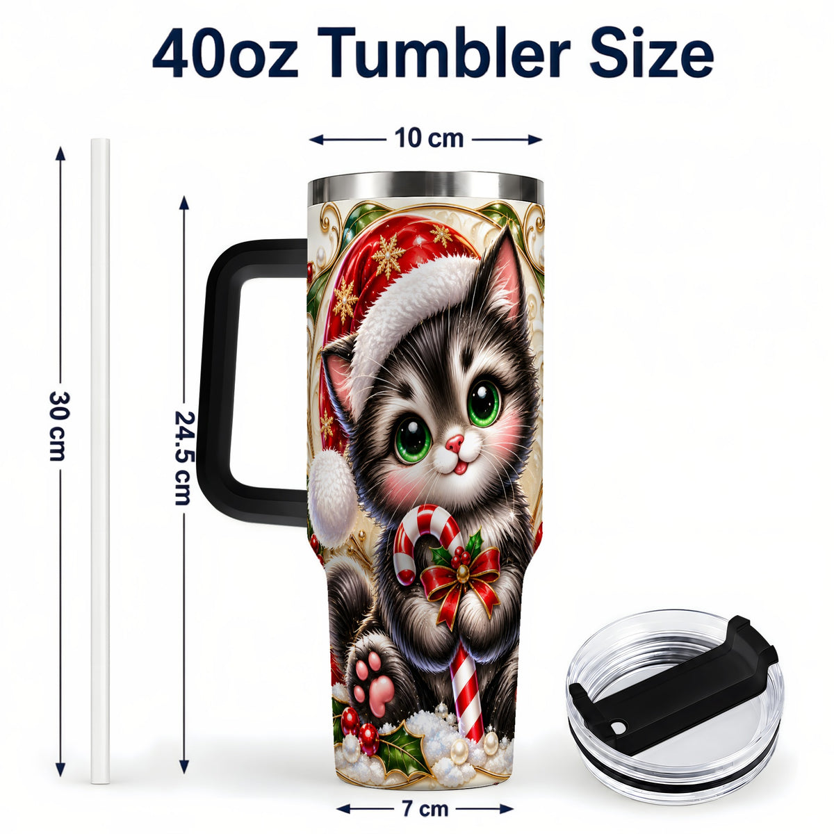 #pl[40oz|Black] Ornate Kitten 40oz Tumbler with Handle, Candy Cane Travel Cup