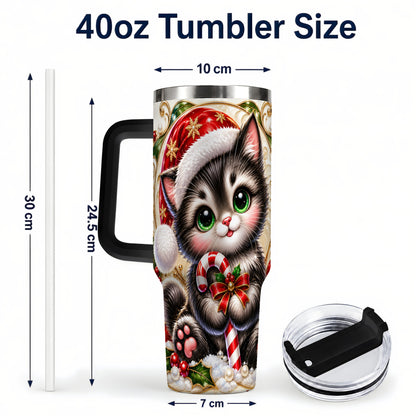 #pl[40oz|Black] Ornate Kitten 40oz Tumbler with Handle, Candy Cane Travel Cup
