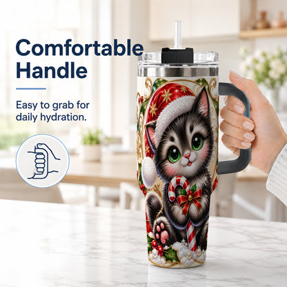 #pl[40oz|Black] Ornate Kitten 40oz Tumbler with Handle, Candy Cane Travel Cup