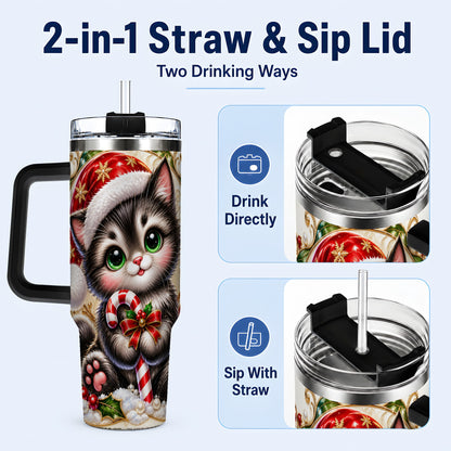 #pl[40oz|Black] Ornate Kitten 40oz Tumbler with Handle, Candy Cane Travel Cup
