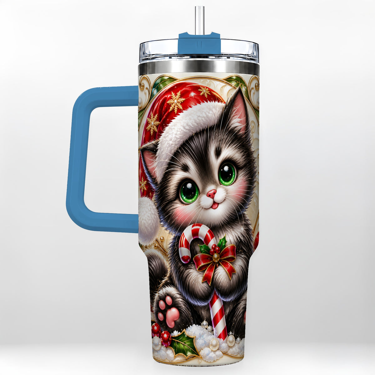 #pl[40oz|Blue] Ornate Kitten 40oz Tumbler with Handle, Candy Cane Travel Cup
