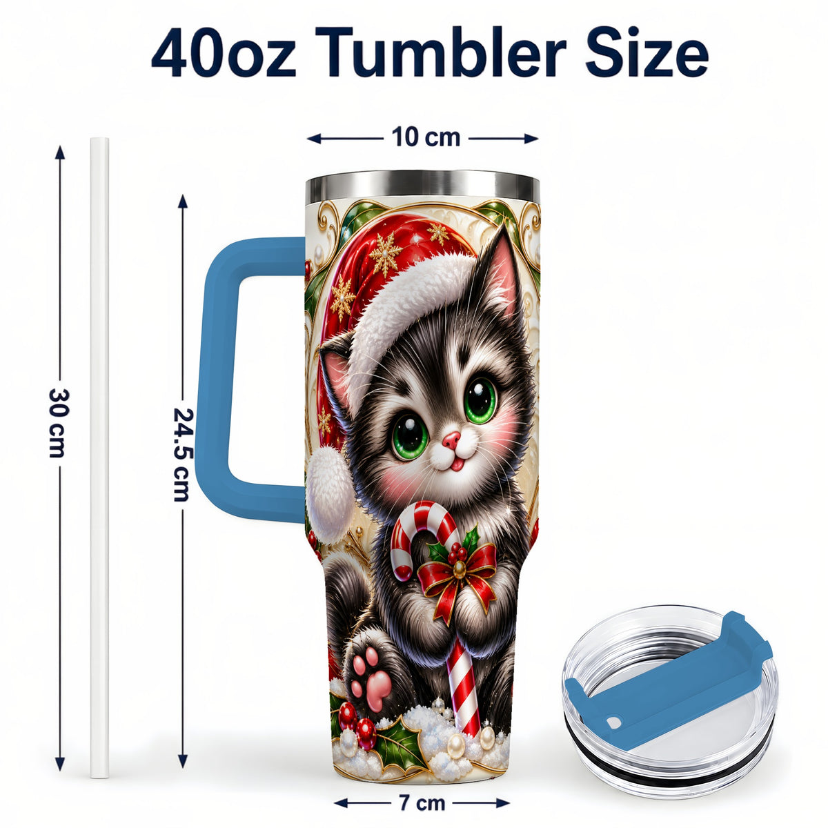 #pl[40oz|Blue] Ornate Kitten 40oz Tumbler with Handle, Candy Cane Travel Cup