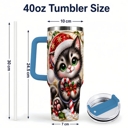 #pl[40oz|Blue] Ornate Kitten 40oz Tumbler with Handle, Candy Cane Travel Cup