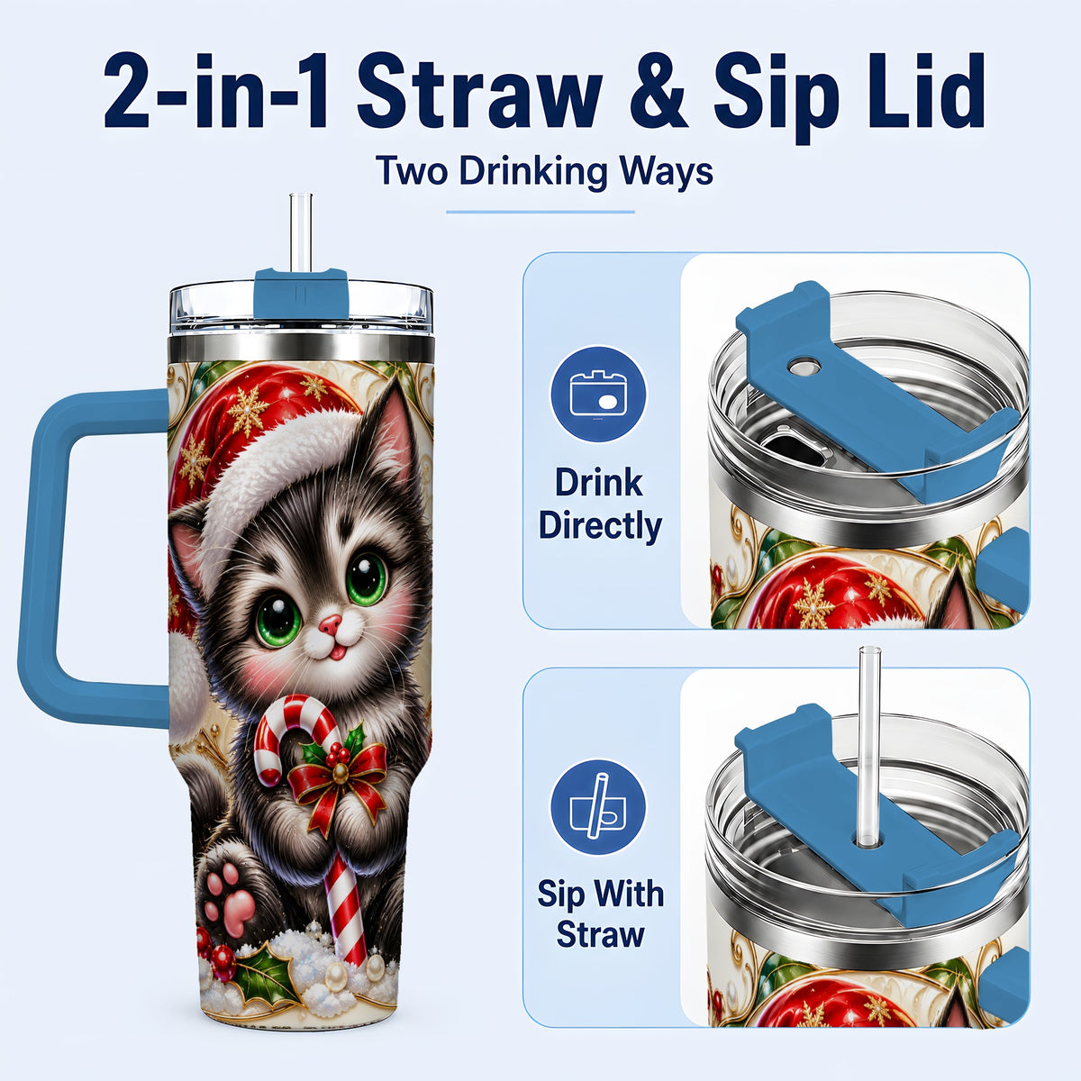 #pl[40oz|Blue] Ornate Kitten 40oz Tumbler with Handle, Candy Cane Travel Cup