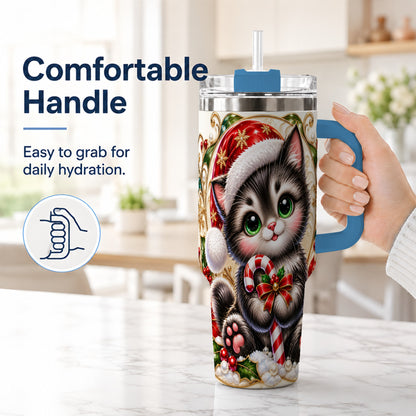 #pl[40oz|Blue] Ornate Kitten 40oz Tumbler with Handle, Candy Cane Travel Cup