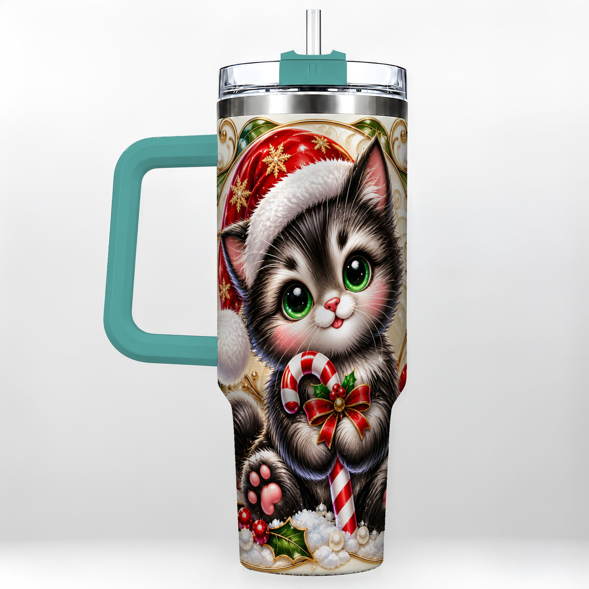 #pl[40oz|Green] Ornate Kitten 40oz Tumbler with Handle, Candy Cane Travel Cup