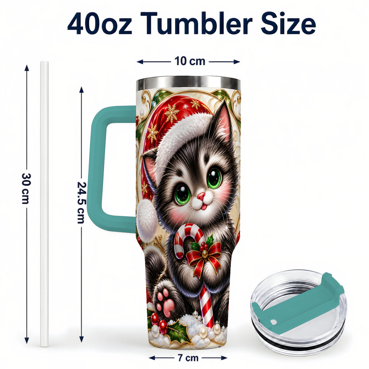 #pl[40oz|Green] Ornate Kitten 40oz Tumbler with Handle, Candy Cane Travel Cup
