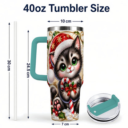 #pl[40oz|Green] Ornate Kitten 40oz Tumbler with Handle, Candy Cane Travel Cup