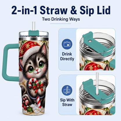 #pl[40oz|Green] Ornate Kitten 40oz Tumbler with Handle, Candy Cane Travel Cup