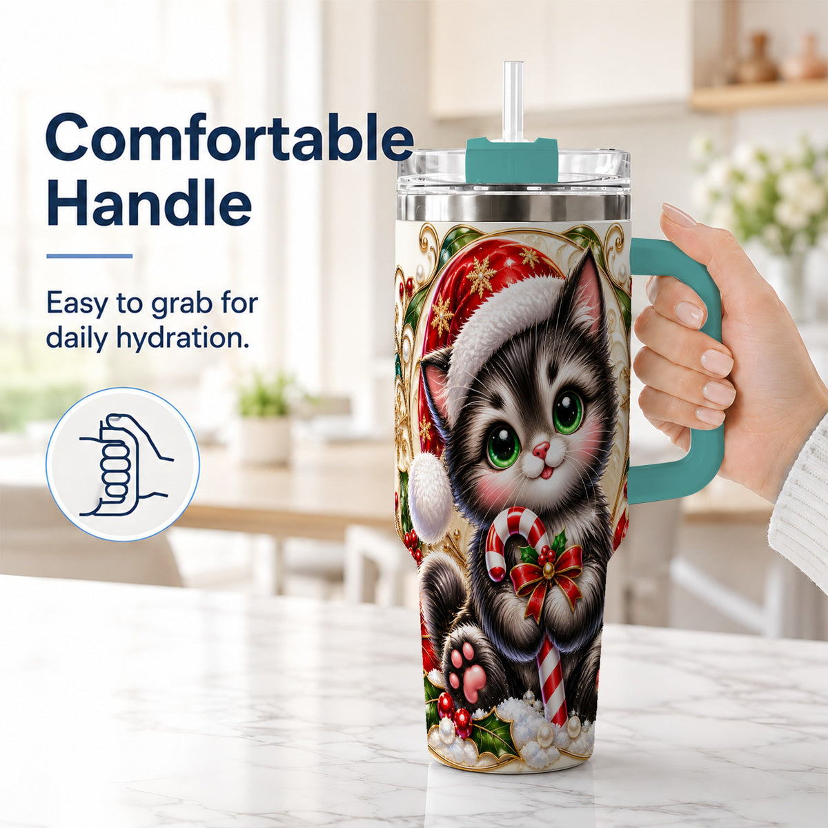 #pl[40oz|Green] Ornate Kitten 40oz Tumbler with Handle, Candy Cane Travel Cup