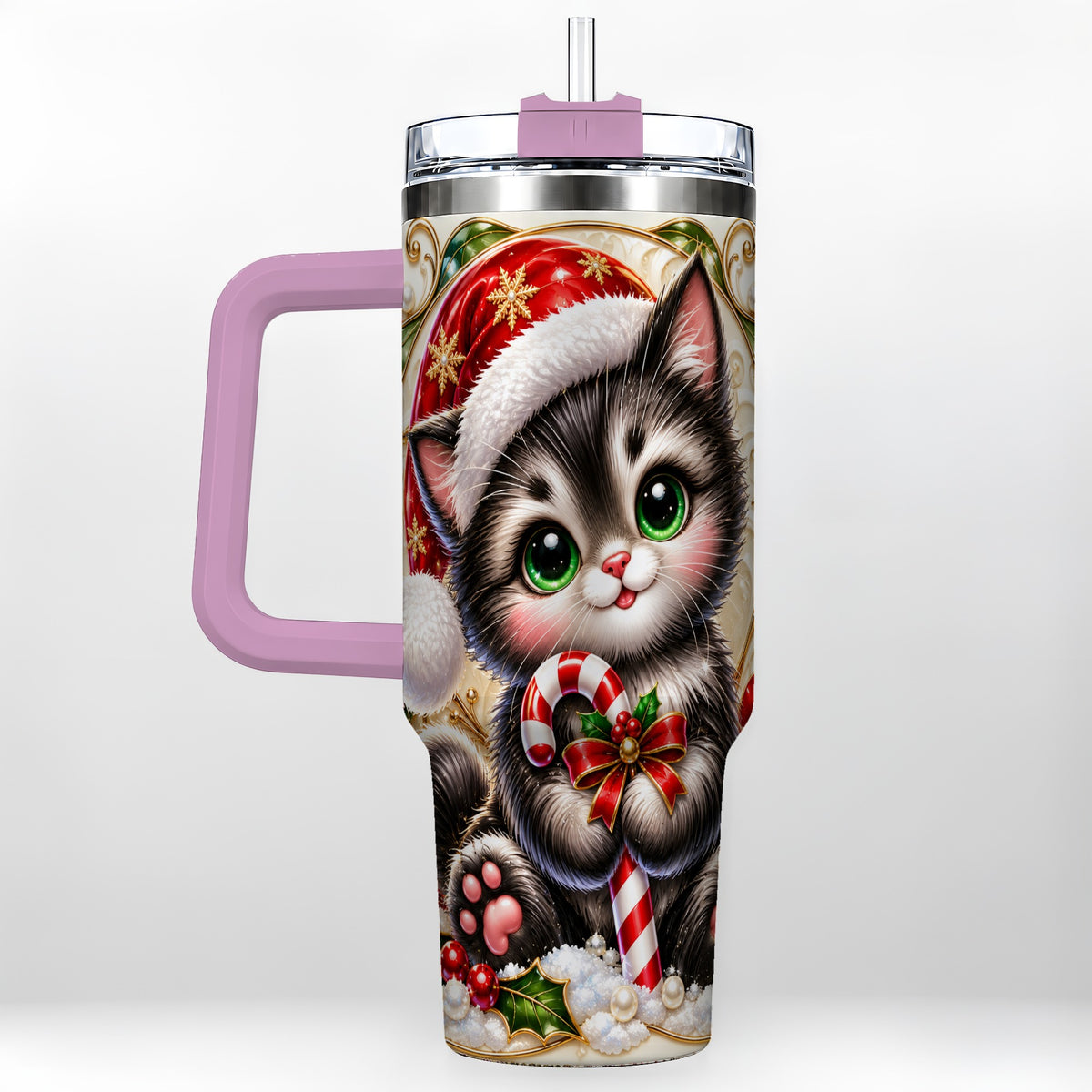 #pl[40oz|Pink] Ornate Kitten 40oz Tumbler with Handle, Candy Cane Travel Cup
