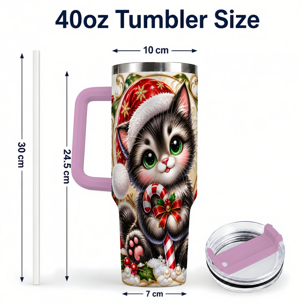 #pl[40oz|Pink] Ornate Kitten 40oz Tumbler with Handle, Candy Cane Travel Cup