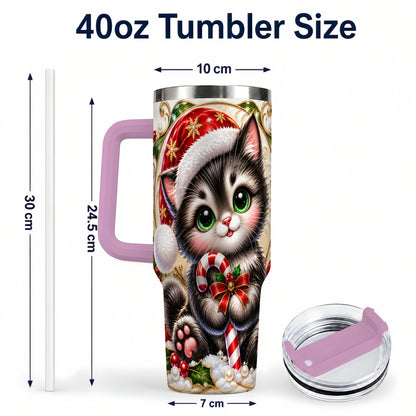 #pl[40oz|Pink] Ornate Kitten 40oz Tumbler with Handle, Candy Cane Travel Cup