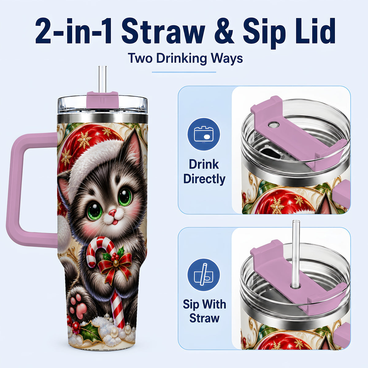 #pl[40oz|Pink] Ornate Kitten 40oz Tumbler with Handle, Candy Cane Travel Cup