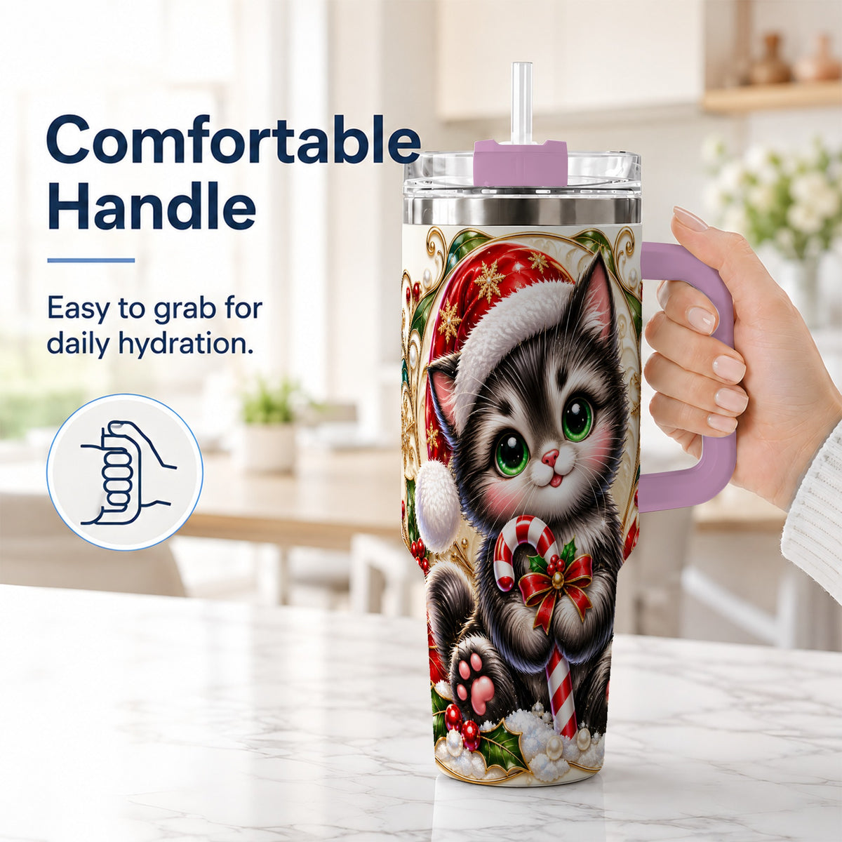 #pl[40oz|Pink] Ornate Kitten 40oz Tumbler with Handle, Candy Cane Travel Cup