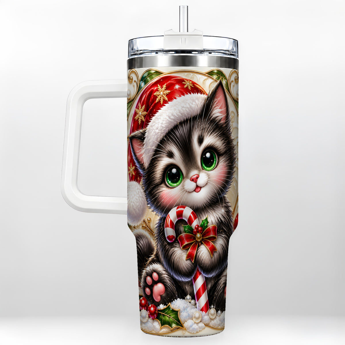 Ornate Kitten 40oz Tumbler with Handle, Candy Cane Travel Cup