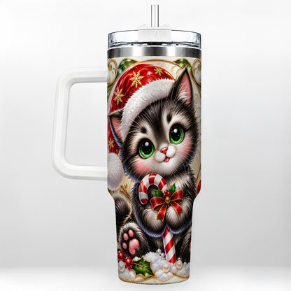 Ornate Kitten 40oz Tumbler with Handle, Candy Cane Travel Cup