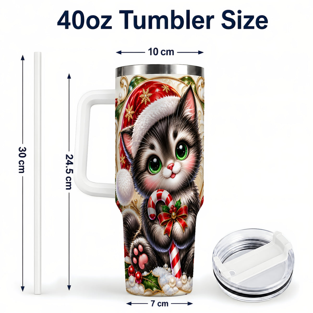 #pl[40oz|White] Ornate Kitten 40oz Tumbler with Handle, Candy Cane Travel Cup