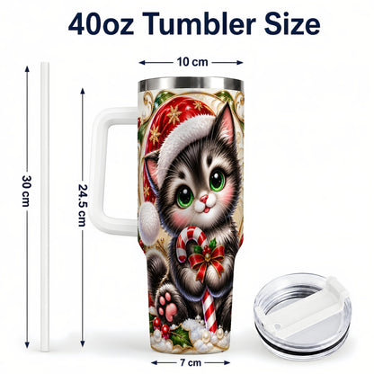 #pl[40oz|White] Ornate Kitten 40oz Tumbler with Handle, Candy Cane Travel Cup
