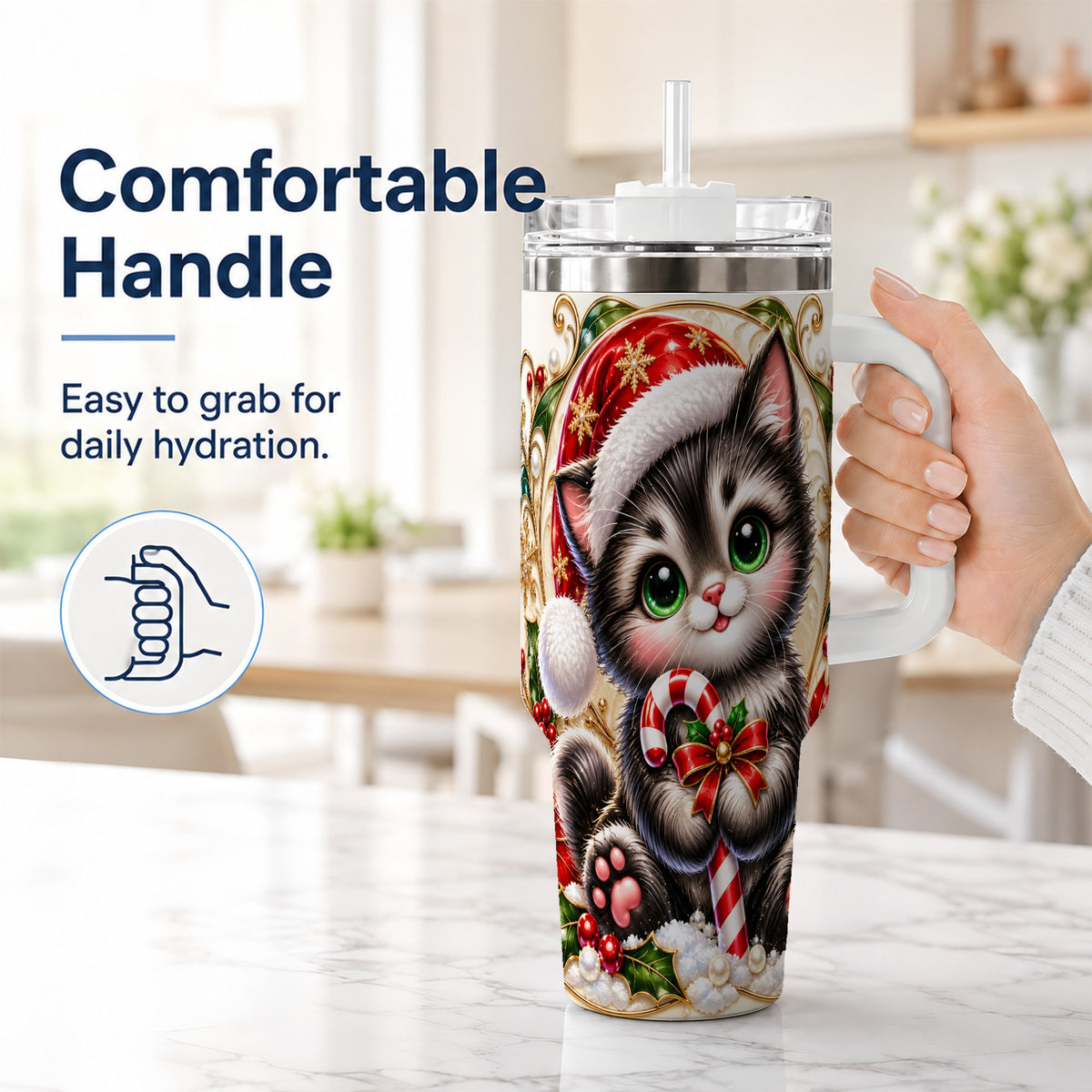 #pl[40oz|White] Ornate Kitten 40oz Tumbler with Handle, Candy Cane Travel Cup