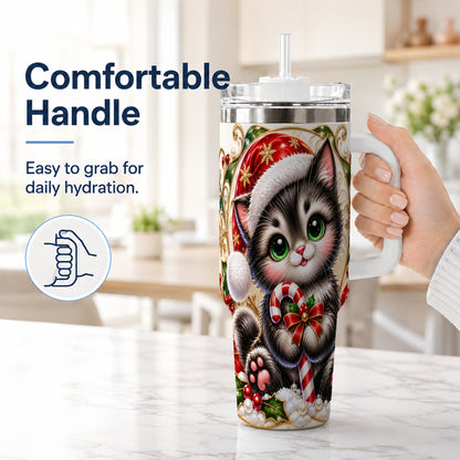 #pl[40oz|White] Ornate Kitten 40oz Tumbler with Handle, Candy Cane Travel Cup