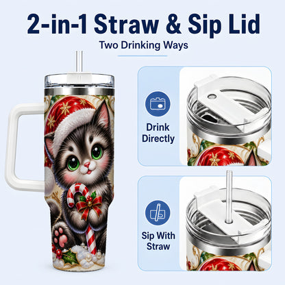 #pl[40oz|White] Ornate Kitten 40oz Tumbler with Handle, Candy Cane Travel Cup