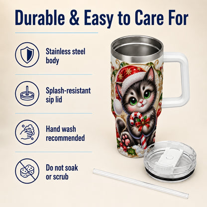 Ornate Kitten 40oz Tumbler with Handle, Candy Cane Travel Cup